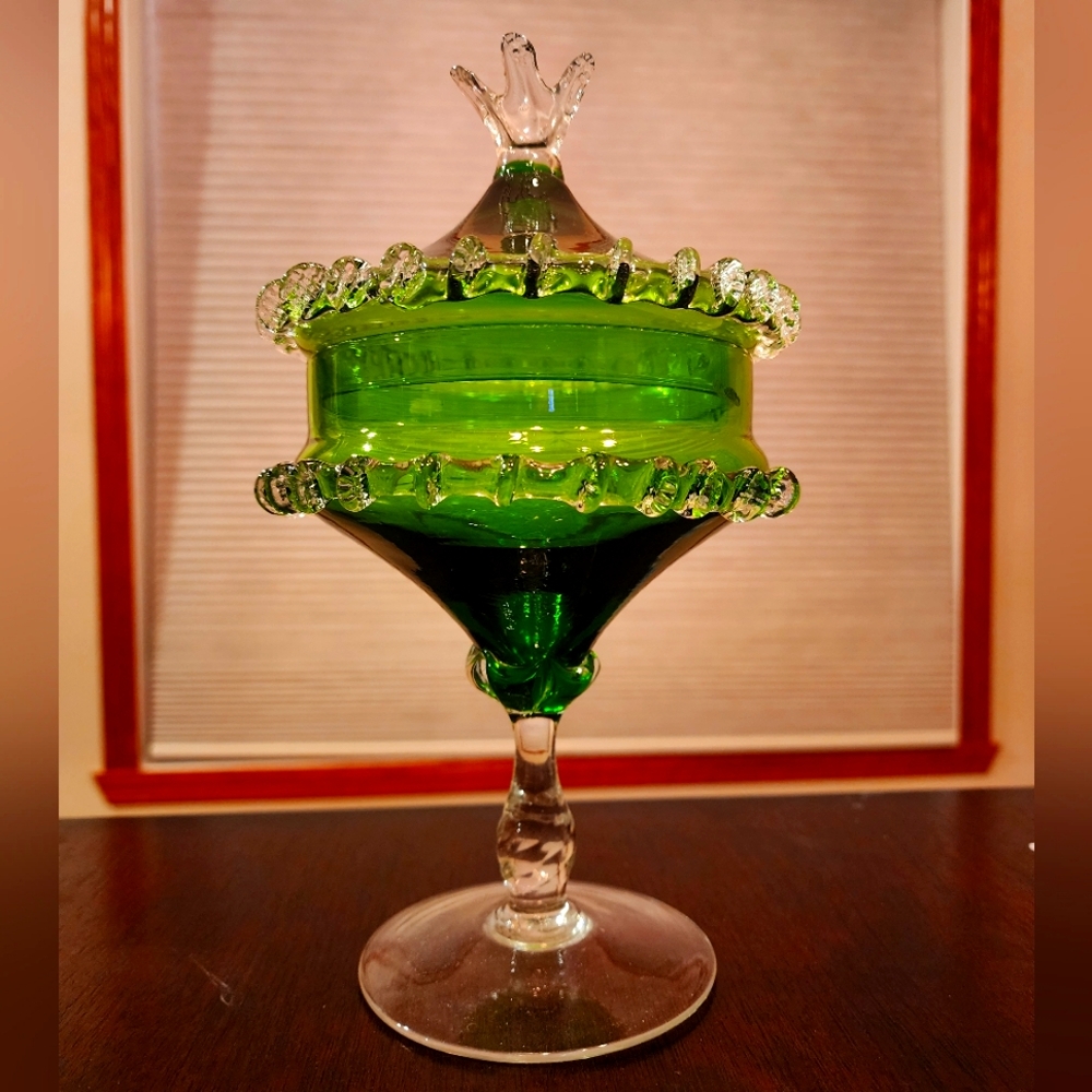 Venetian Green Glass Sweet Meat EMPOLI COMPOTE DISH  Applied CLEAR RIGAREE GLASS